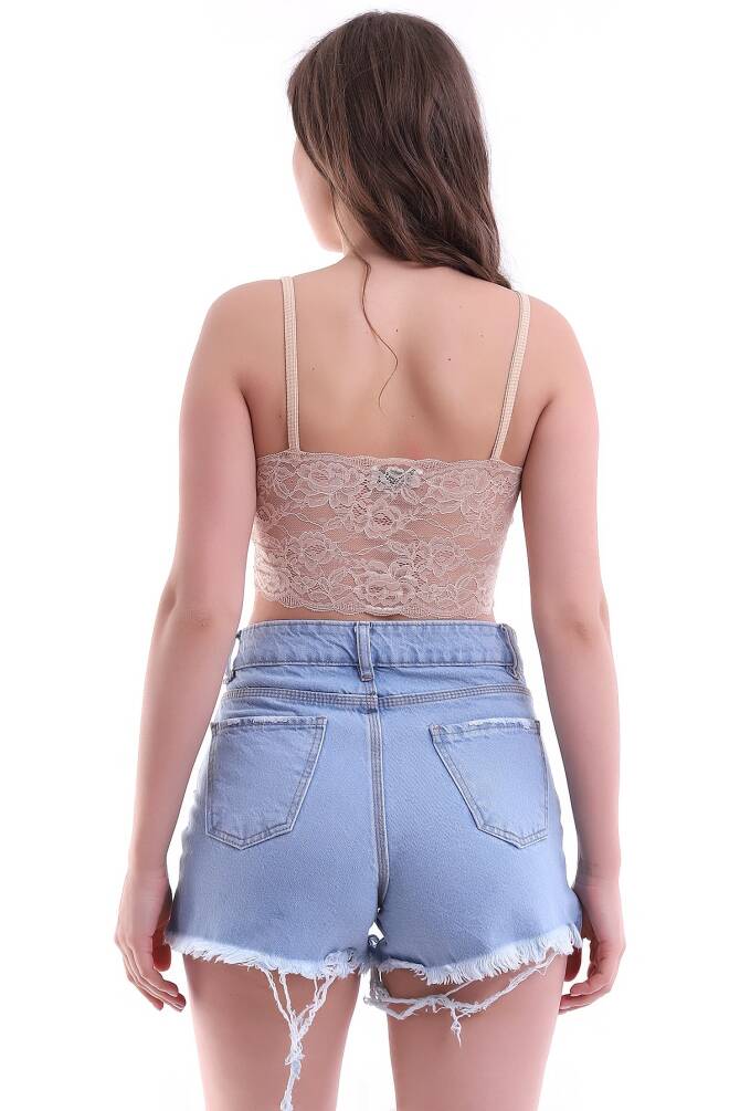 Bej Kadın İp Askılı Dantel Detaylı Arkası Straplez Kaşkorse Crop Buluz Zyn-58224 - 6