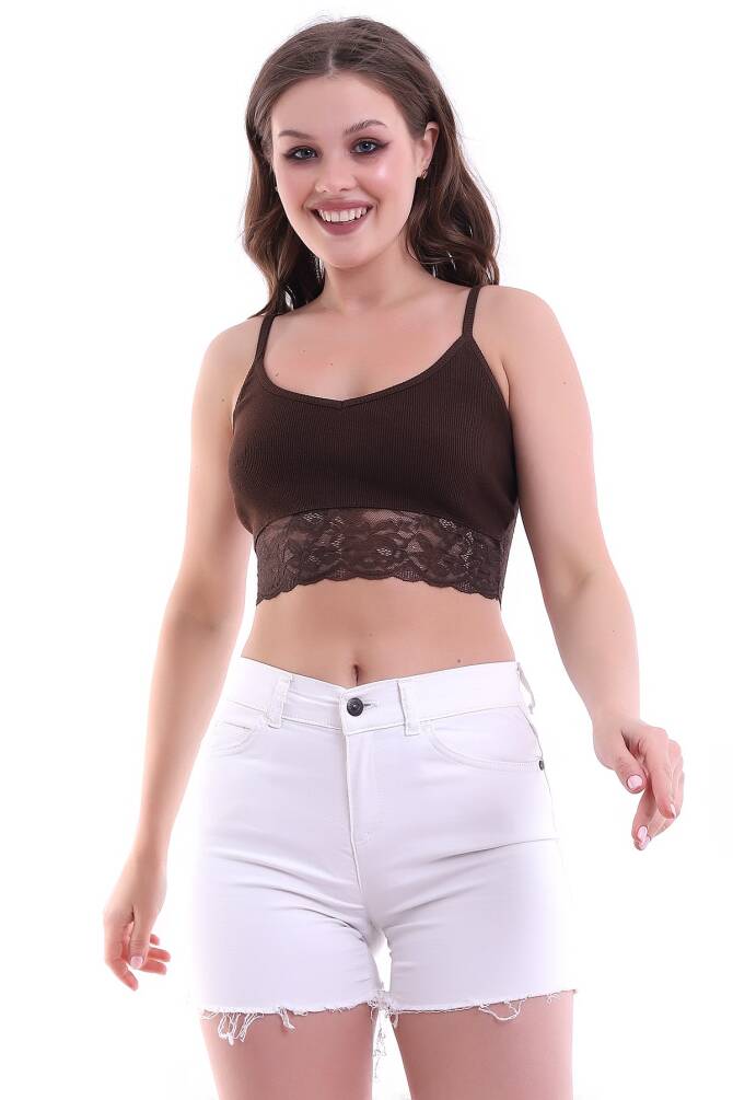 Bej Kadın İp Askılı Dantel Detaylı Arkası Straplez Kaşkorse Crop Buluz Zyn-58224 - 8