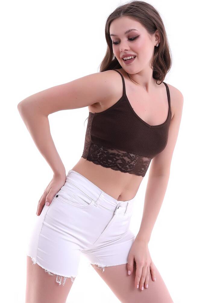 Bej Kadın İp Askılı Dantel Detaylı Arkası Straplez Kaşkorse Crop Buluz Zyn-58224 - 9