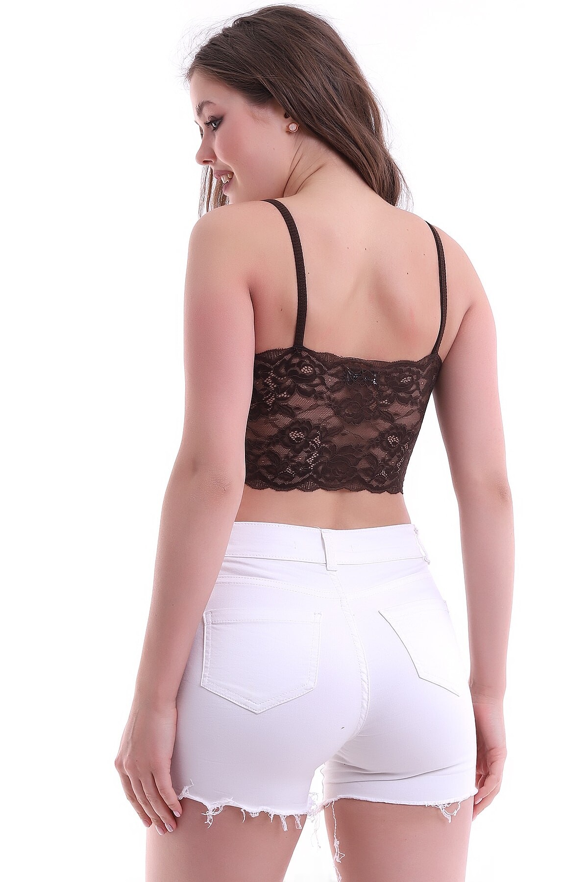 Bej Kadın İp Askılı Dantel Detaylı Arkası Straplez Kaşkorse Crop Buluz Zyn-58224 - 12