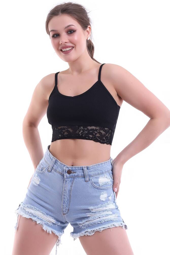 Bej Kadın İp Askılı Dantel Detaylı Arkası Straplez Kaşkorse Crop Buluz Zyn-58224 - 13
