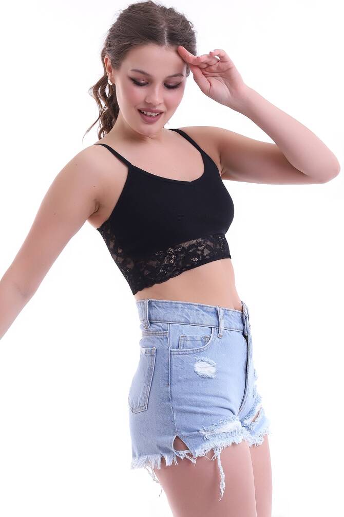 Bej Kadın İp Askılı Dantel Detaylı Arkası Straplez Kaşkorse Crop Buluz Zyn-58224 - 14