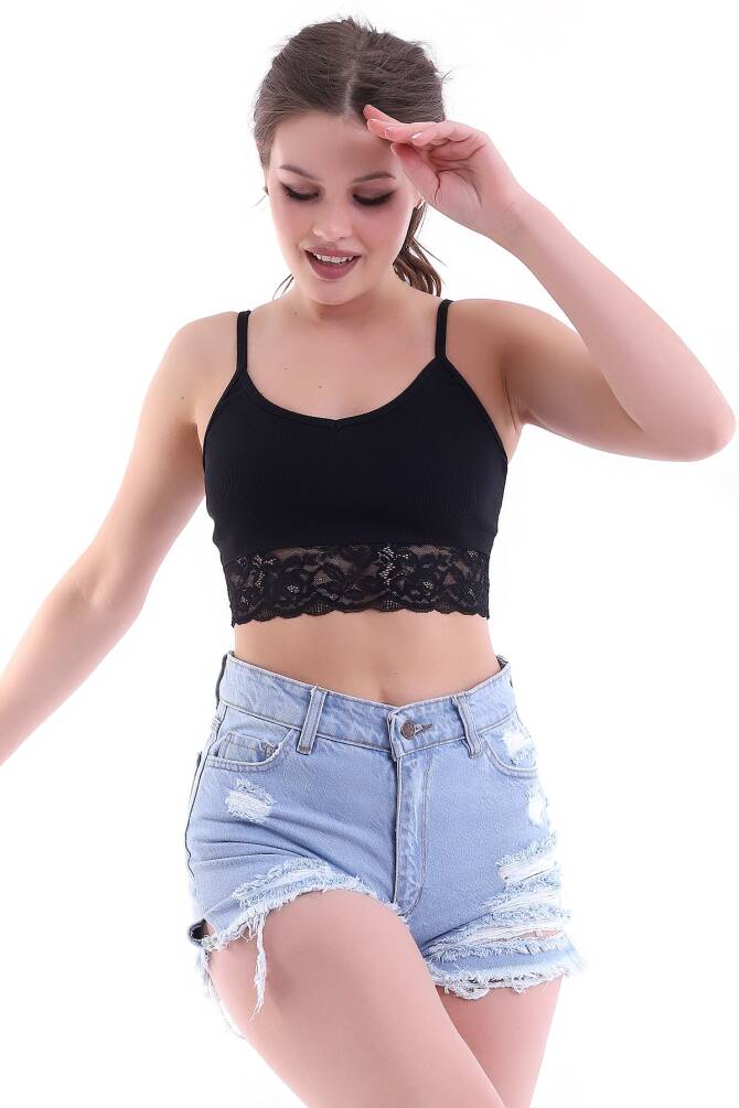 Bej Kadın İp Askılı Dantel Detaylı Arkası Straplez Kaşkorse Crop Buluz Zyn-58224 - 16