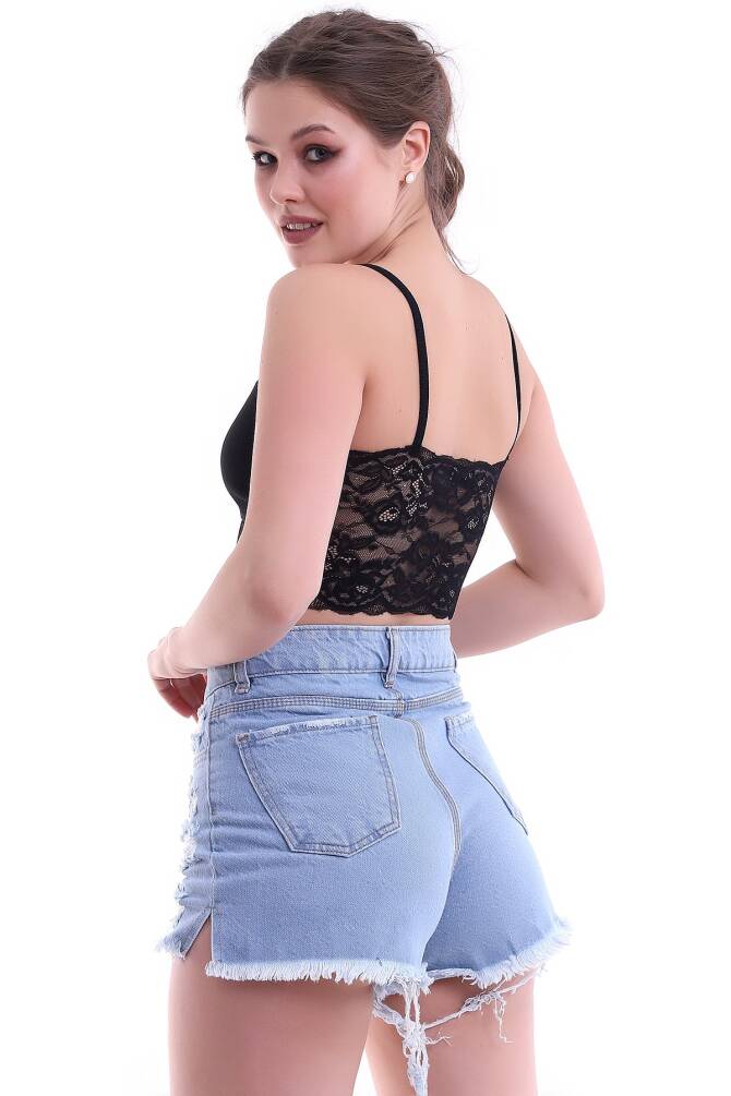 Bej Kadın İp Askılı Dantel Detaylı Arkası Straplez Kaşkorse Crop Buluz Zyn-58224 - 17