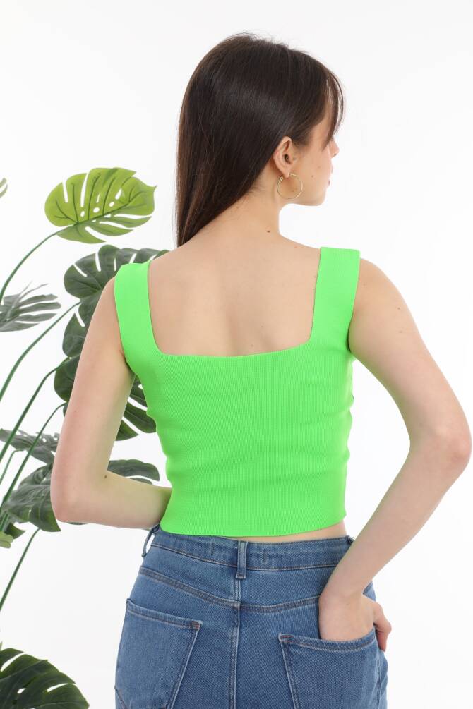 Fıstık Yeşili Kadın Kare Yaka Askılı Crop Basic Bluz Zyn-58150 - 6