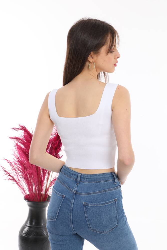 Fıstık Yeşili Kadın Kare Yaka Askılı Crop Basic Bluz Zyn-58150 - 11