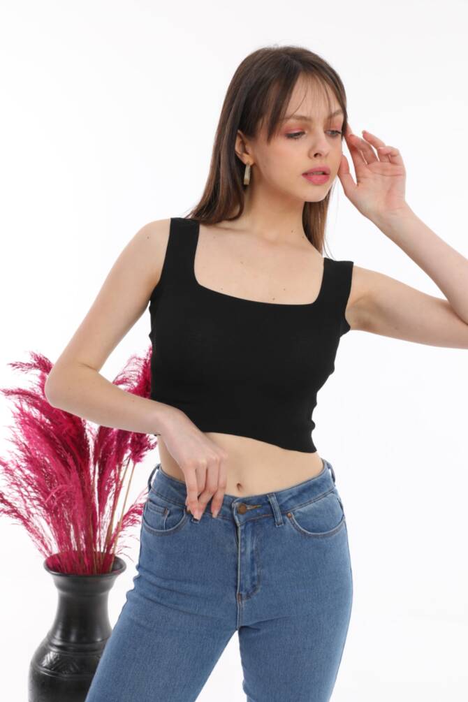 Fıstık Yeşili Kadın Kare Yaka Askılı Crop Basic Bluz Zyn-58150 - 15