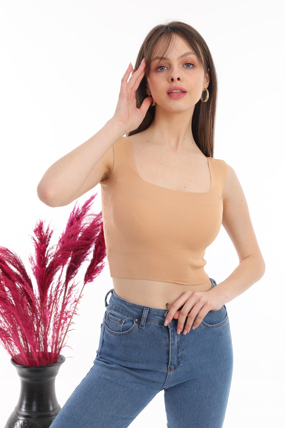 Fıstık Yeşili Kadın Kare Yaka Askılı Crop Basic Bluz Zyn-58150 - 19