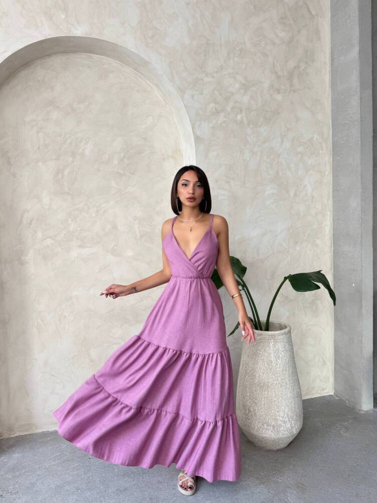 Kadın Degaje Yaka İp Askılı Volanlı Gabardin Elbise ZYN-58777 - 2
