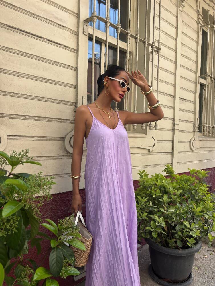 Kadın Askılı Pliseli Maxi Elbise HYN-58054 - 1