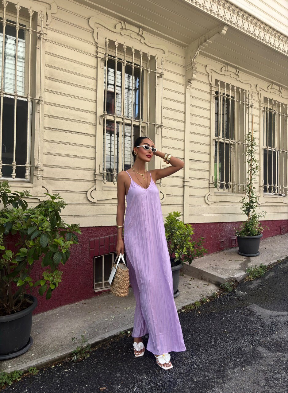 Kadın Askılı Pliseli Maxi Elbise HYN-58054 - 4