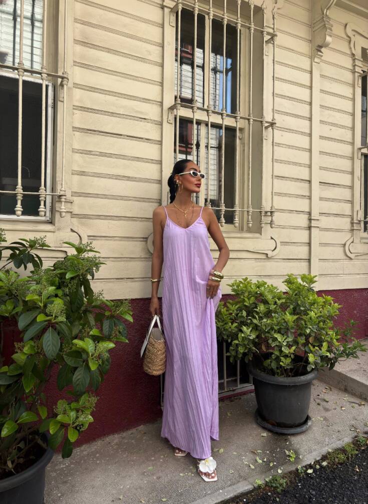 Kadın Askılı Pliseli Maxi Elbise HYN-58054 - 5