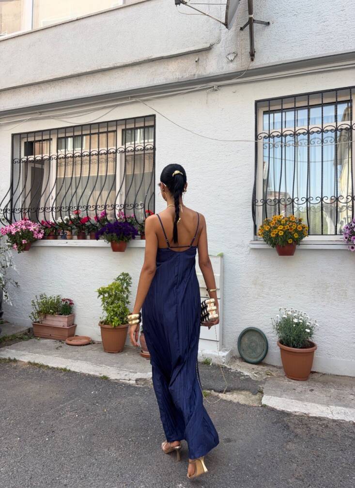Kadın Askılı Pliseli Maxi Elbise HYN-58054 - 6