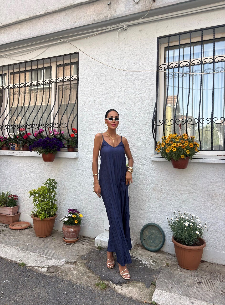 Kadın Askılı Pliseli Maxi Elbise HYN-58054 - 7