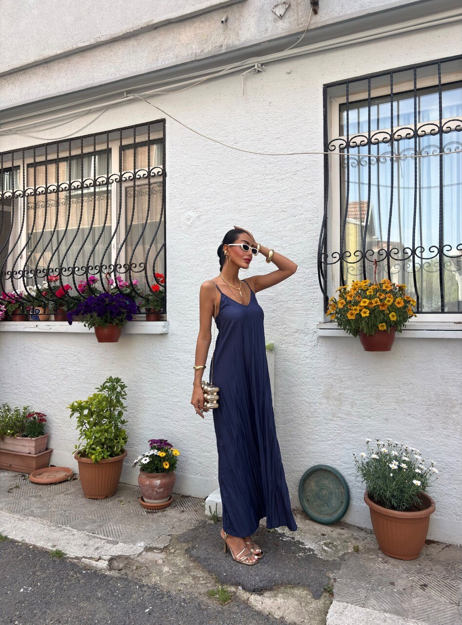 Kadın Askılı Pliseli Maxi Elbise HYN-58054 - 8