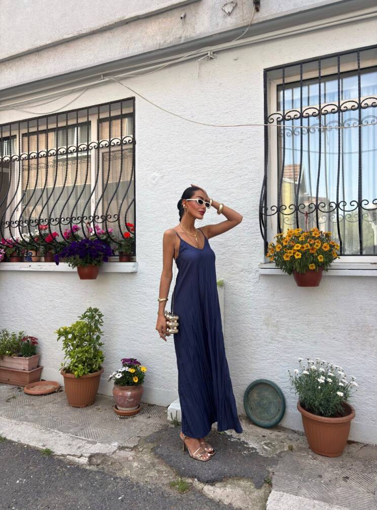 Kadın Askılı Pliseli Maxi Elbise HYN-58054 - 8
