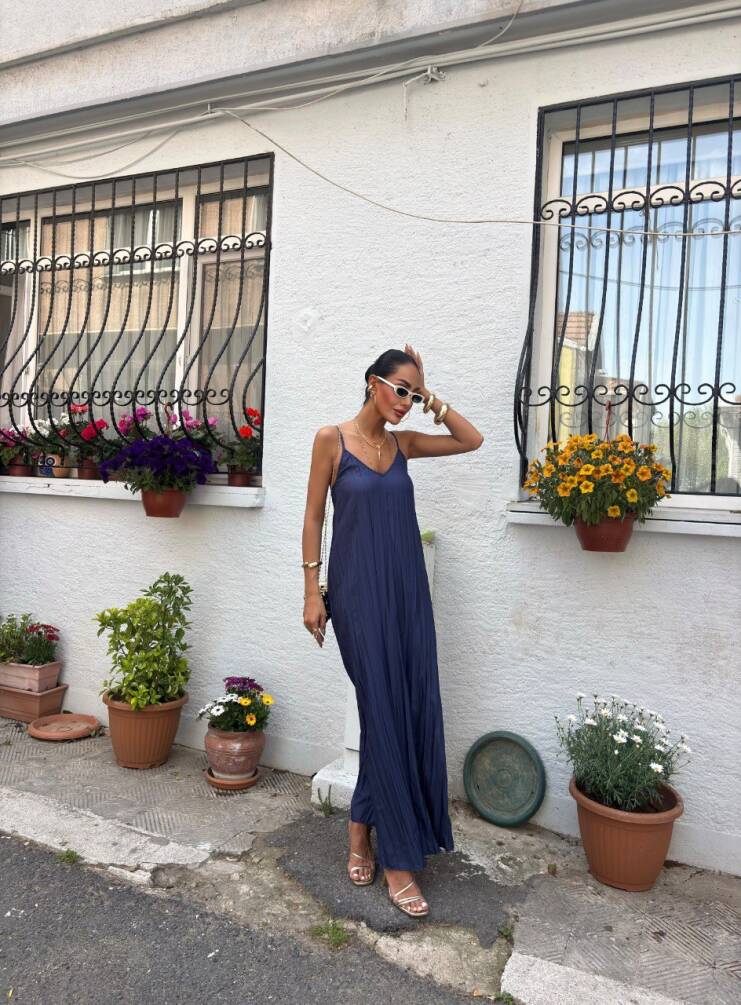 Kadın Askılı Pliseli Maxi Elbise HYN-58054 - 9
