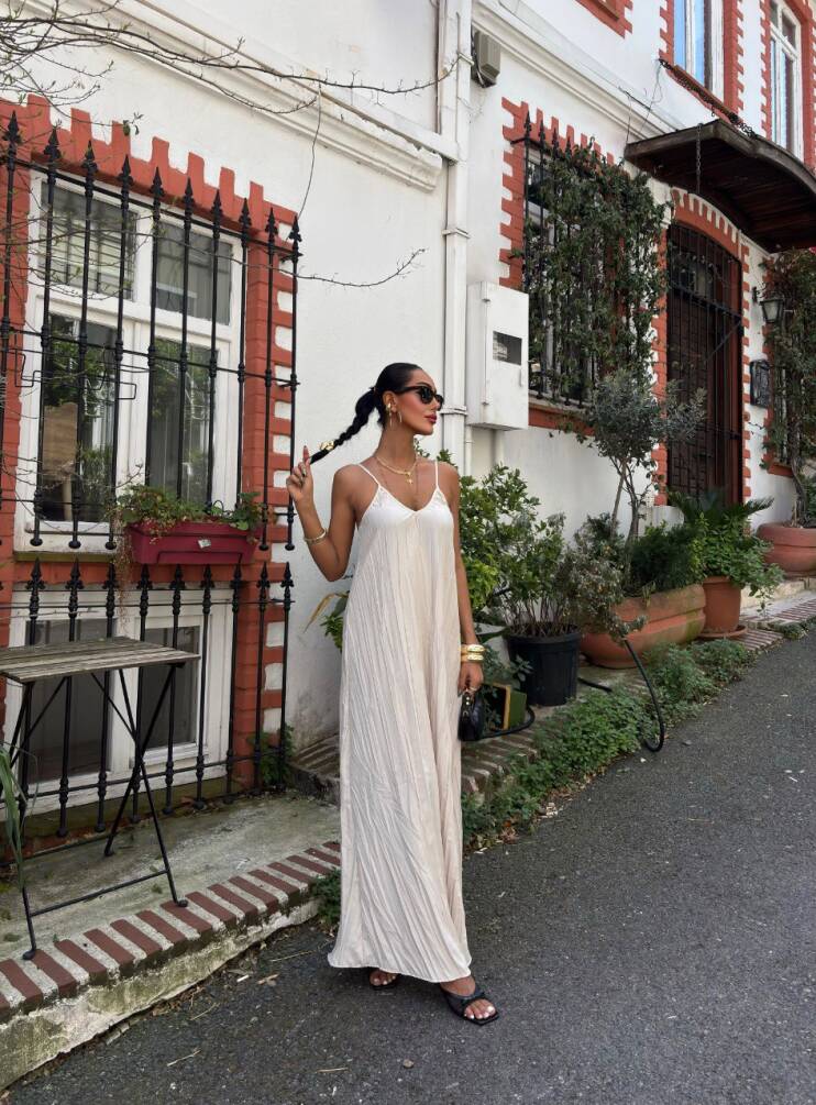 Kadın Askılı Pliseli Maxi Elbise HYN-58054 - 11
