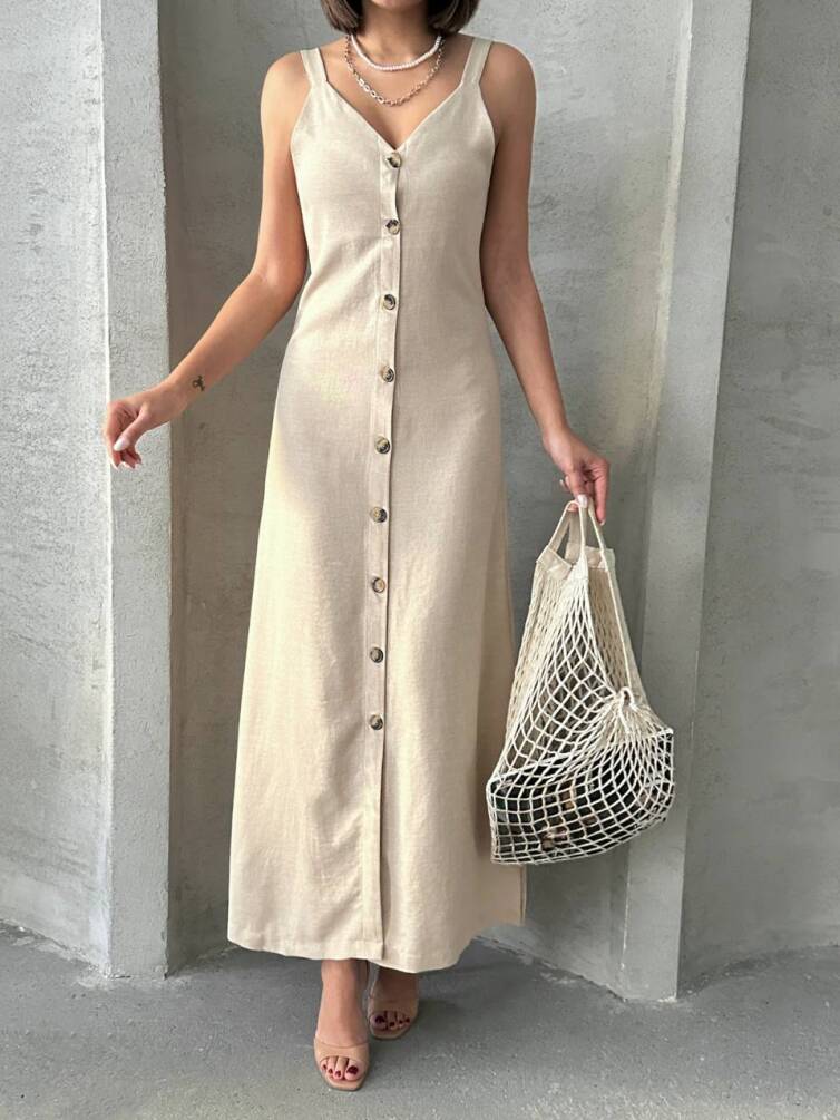 Kadın Askılı V Yaka Düğmeli Gabardin Midi Elbise ZYN-58775 - 1