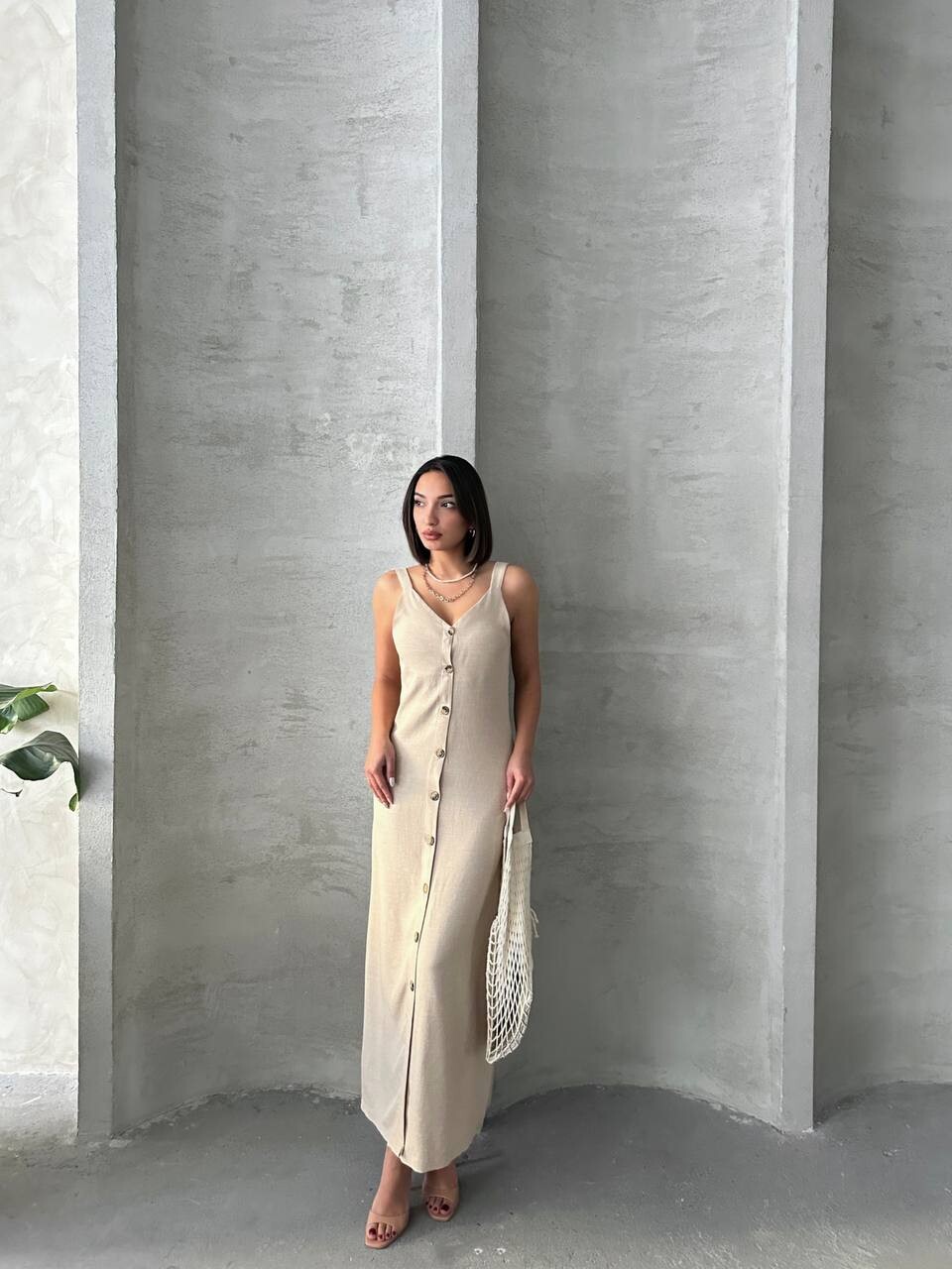 Kadın Askılı V Yaka Düğmeli Gabardin Midi Elbise ZYN-58775 - 2