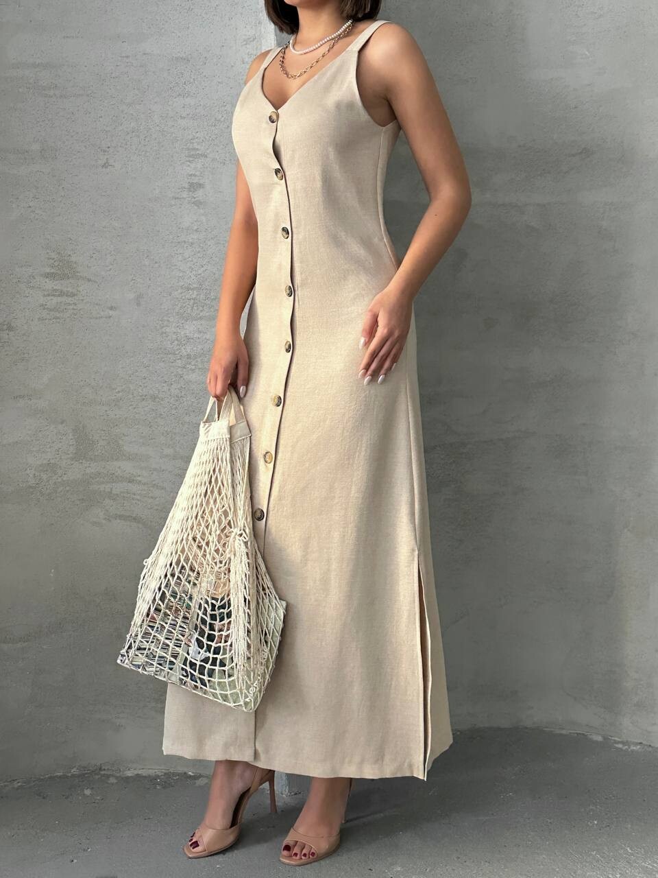 Kadın Askılı V Yaka Düğmeli Gabardin Midi Elbise ZYN-58775 - 3