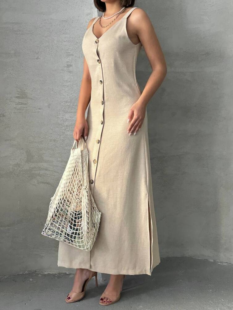 Kadın Askılı V Yaka Düğmeli Gabardin Midi Elbise ZYN-58775 - 3