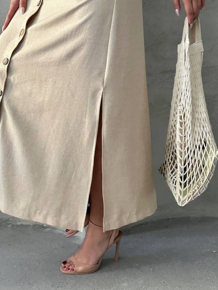 Kadın Askılı V Yaka Düğmeli Gabardin Midi Elbise ZYN-58775 - 4