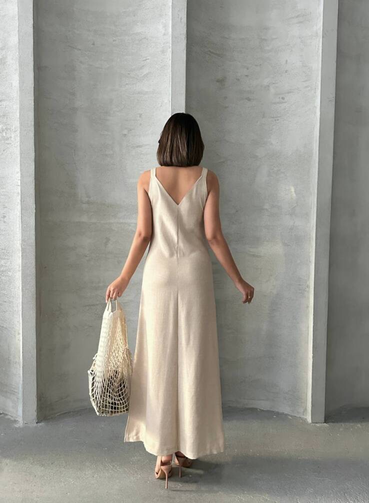 Kadın Askılı V Yaka Düğmeli Gabardin Midi Elbise ZYN-58775 - 5