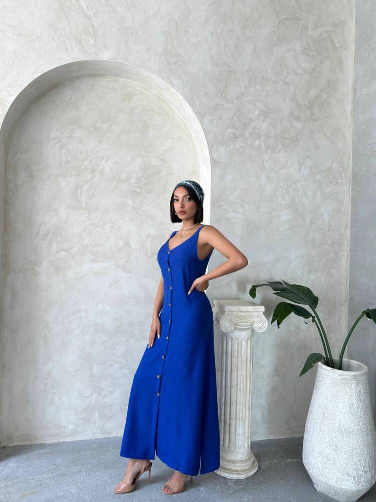 Kadın Askılı V Yaka Düğmeli Gabardin Midi Elbise ZYN-58775 - 6