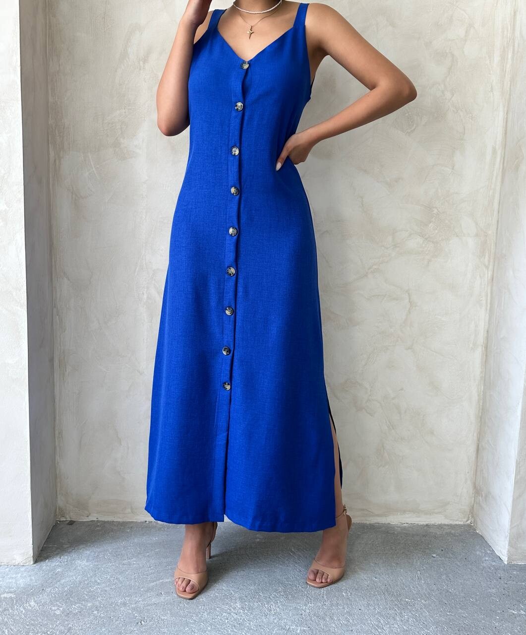 Kadın Askılı V Yaka Düğmeli Gabardin Midi Elbise ZYN-58775 - 10