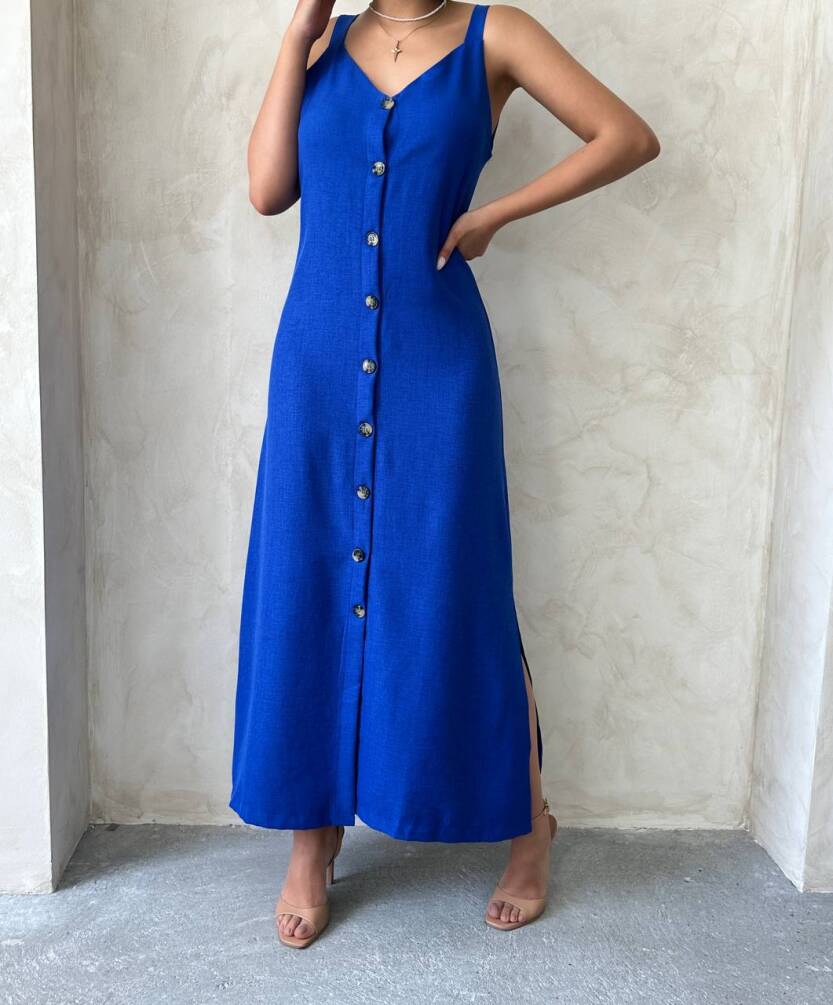 Kadın Askılı V Yaka Düğmeli Gabardin Midi Elbise ZYN-58775 - 10