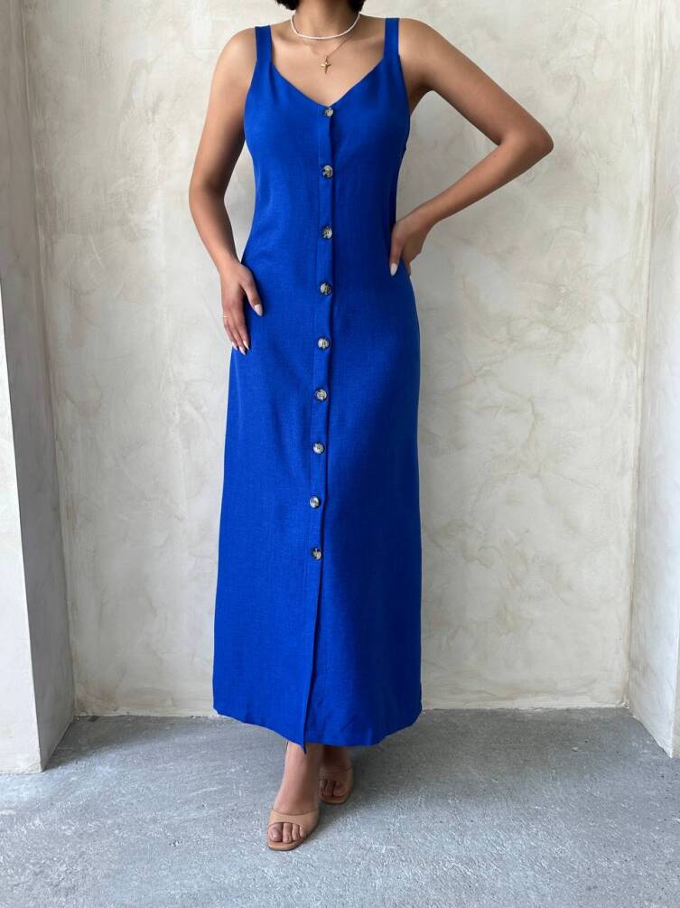 Kadın Askılı V Yaka Düğmeli Gabardin Midi Elbise ZYN-58775 - 11