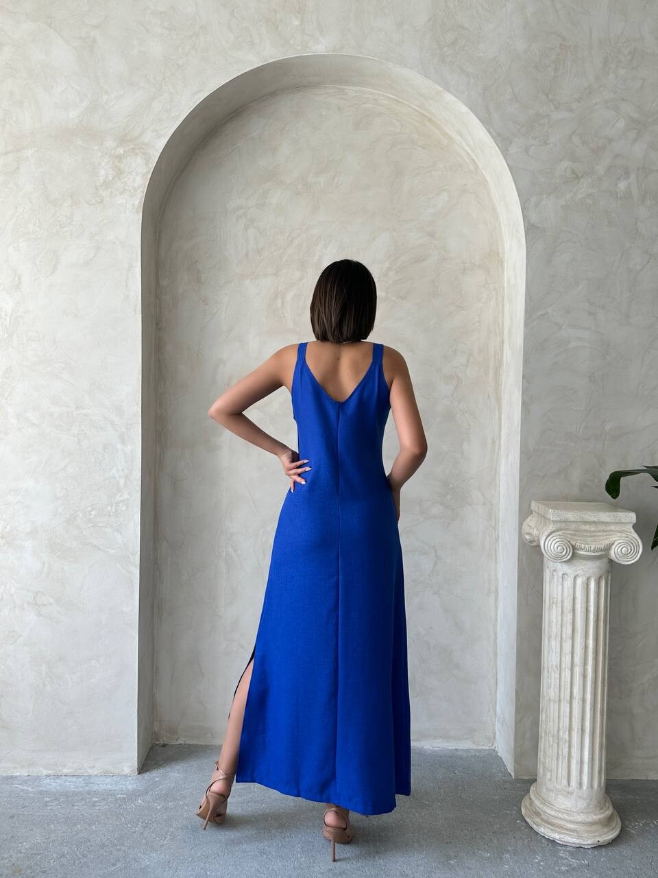 Kadın Askılı V Yaka Düğmeli Gabardin Midi Elbise ZYN-58775 - 12