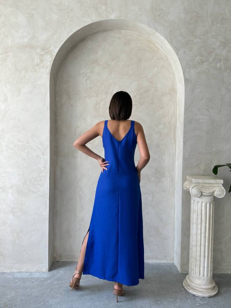 Kadın Askılı V Yaka Düğmeli Gabardin Midi Elbise ZYN-58775 - 12