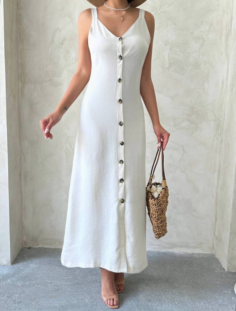 Kadın Askılı V Yaka Düğmeli Gabardin Midi Elbise ZYN-58775 - 17
