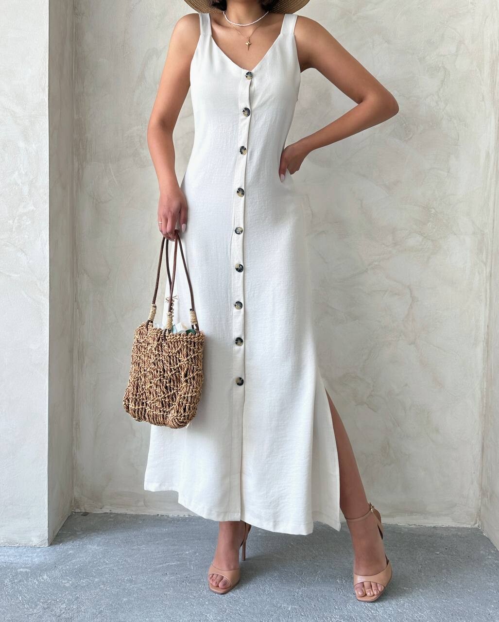 Kadın Askılı V Yaka Düğmeli Gabardin Midi Elbise ZYN-58775 - 18