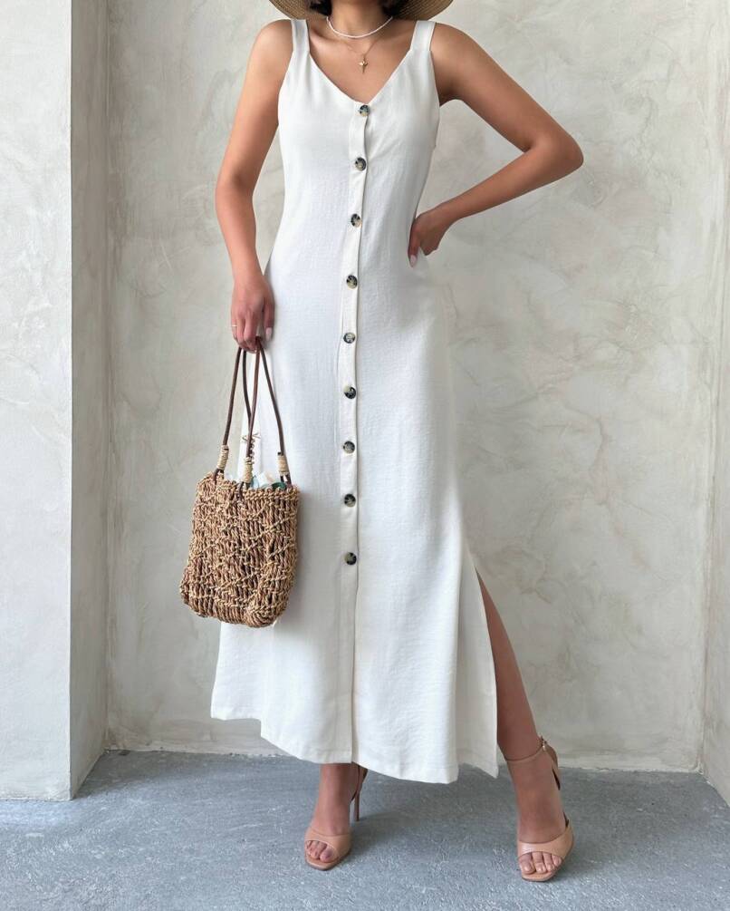 Kadın Askılı V Yaka Düğmeli Gabardin Midi Elbise ZYN-58775 - 18