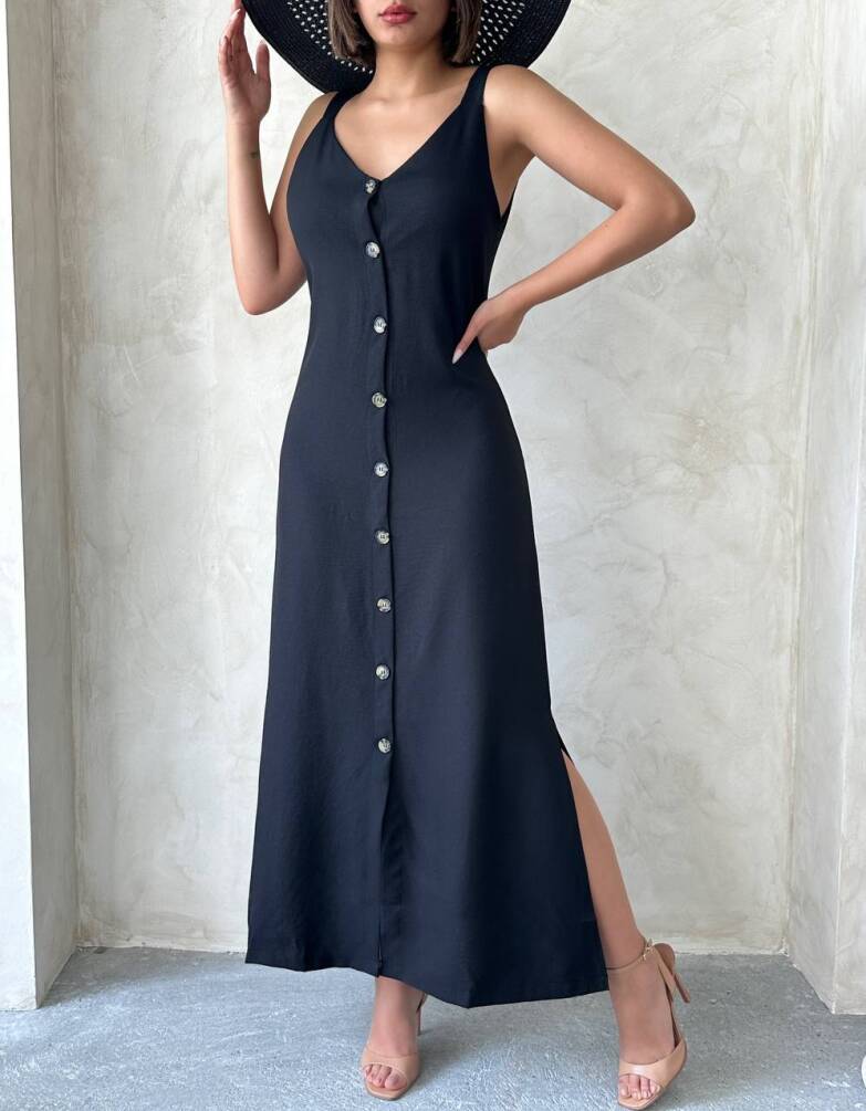 Kadın Askılı V Yaka Düğmeli Gabardin Midi Elbise ZYN-58775 - 24