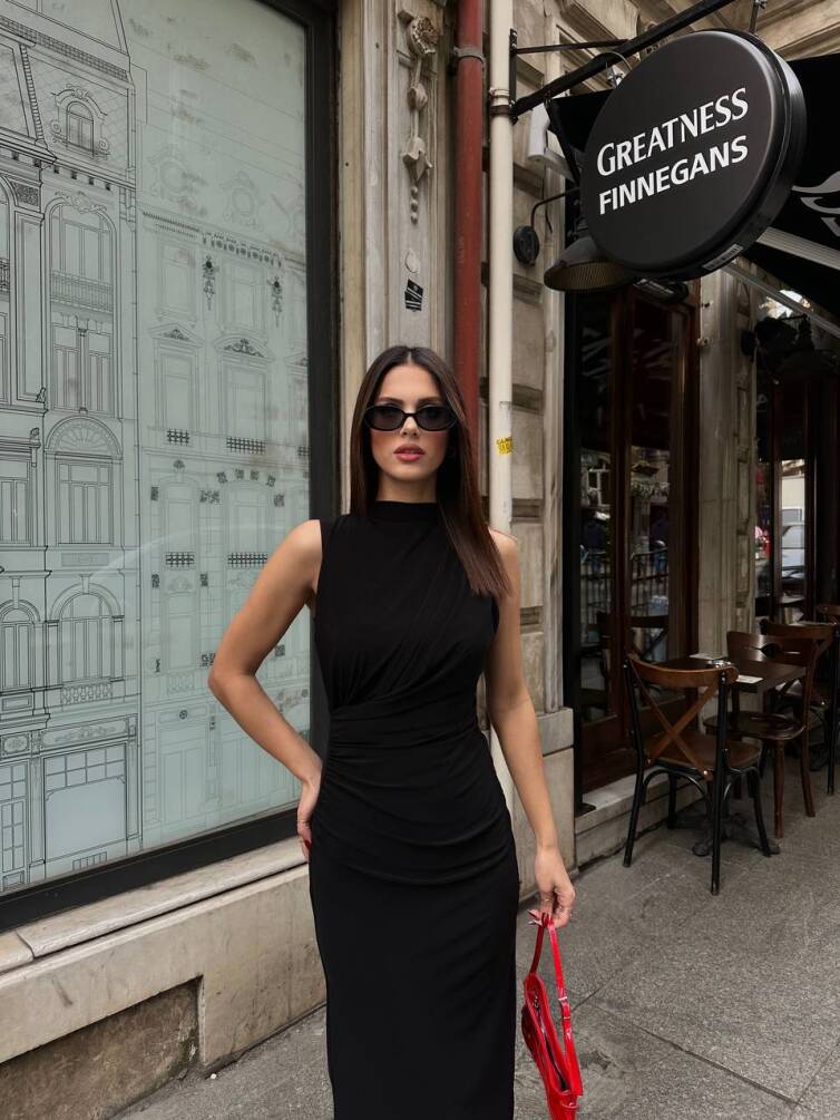 KADIN ASTARLI ARKASI YIRTMAÇLI DRAPE DETAYLI ELBİSE HYN-58045 - 2