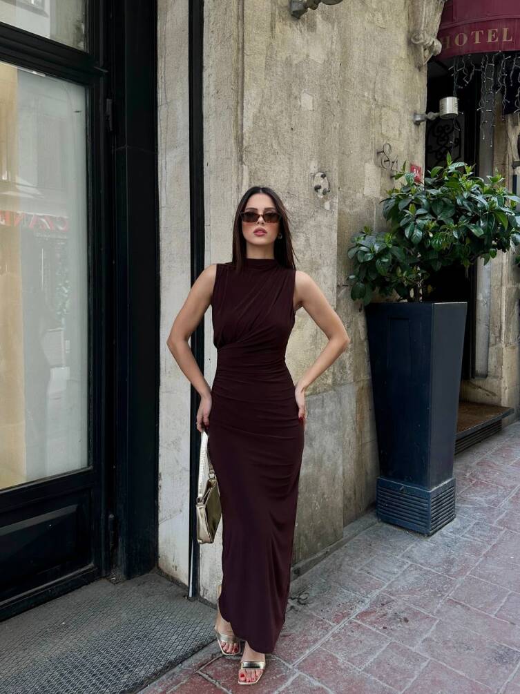 KADIN ASTARLI ARKASI YIRTMAÇLI DRAPE DETAYLI ELBİSE HYN-58045 - 4