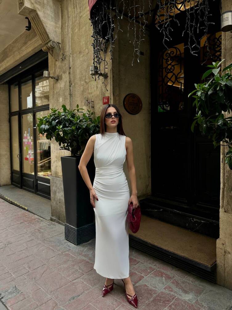 KADIN ASTARLI ARKASI YIRTMAÇLI DRAPE DETAYLI ELBİSE HYN-58045 - 6