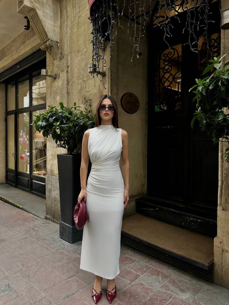 KADIN ASTARLI ARKASI YIRTMAÇLI DRAPE DETAYLI ELBİSE HYN-58045 - 7