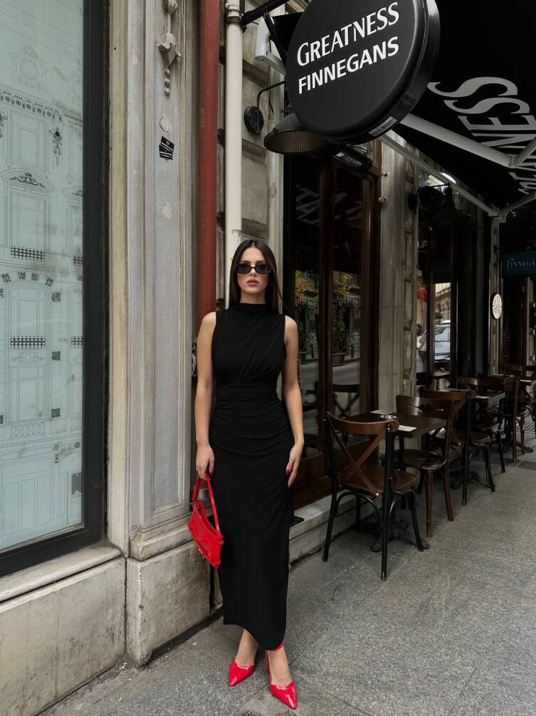 KADIN ASTARLI ARKASI YIRTMAÇLI DRAPE DETAYLI ELBİSE HYN-58045 - 9