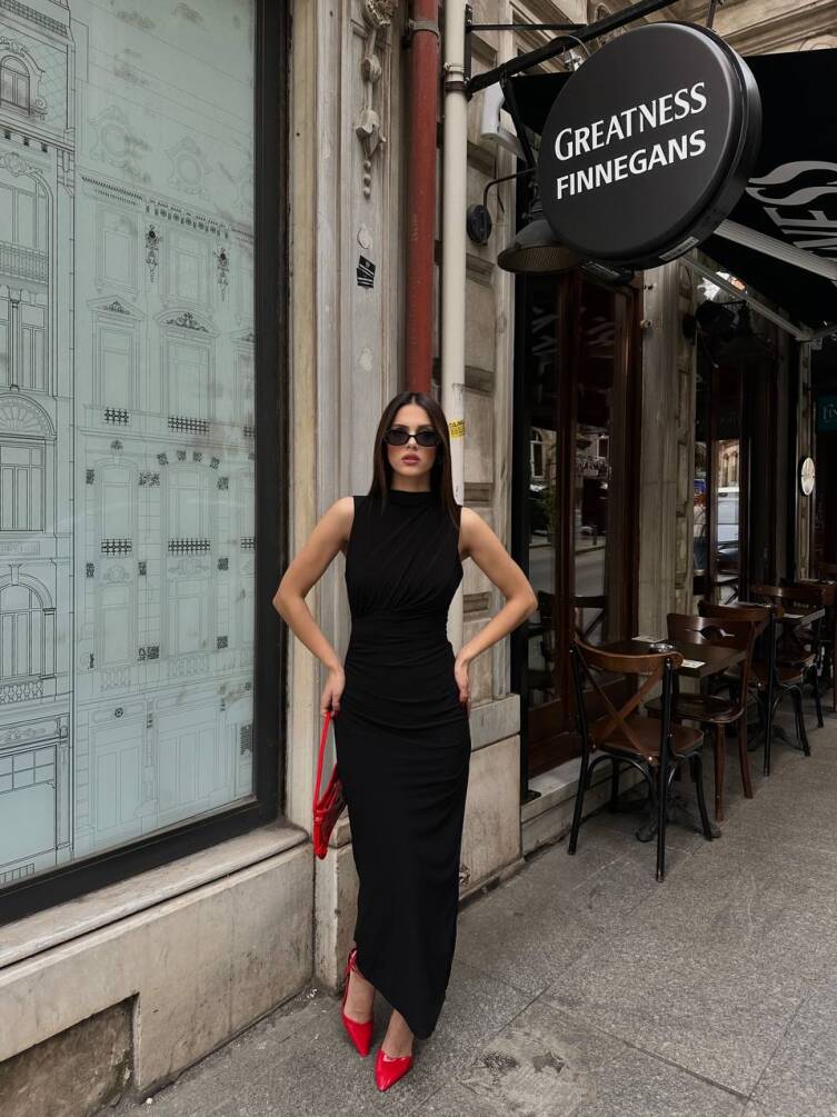 KADIN ASTARLI ARKASI YIRTMAÇLI DRAPE DETAYLI ELBİSE HYN-58045 - 10