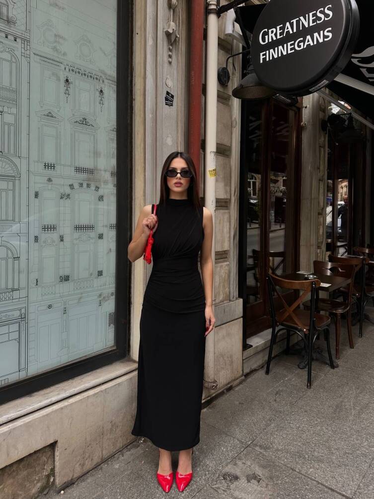 KADIN ASTARLI ARKASI YIRTMAÇLI DRAPE DETAYLI ELBİSE HYN-58045 - 12