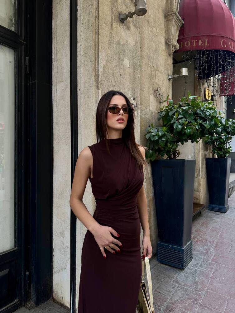 KADIN ASTARLI ARKASI YIRTMAÇLI DRAPE DETAYLI ELBİSE HYN-58045 - 18