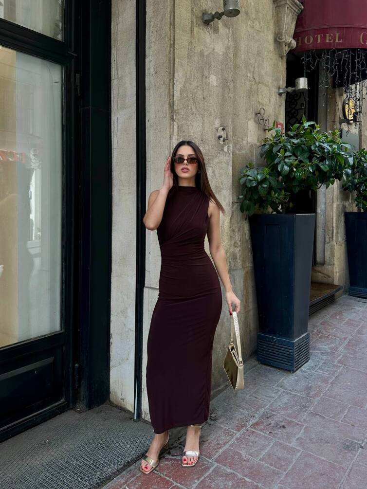 KADIN ASTARLI ARKASI YIRTMAÇLI DRAPE DETAYLI ELBİSE HYN-58045 - 20