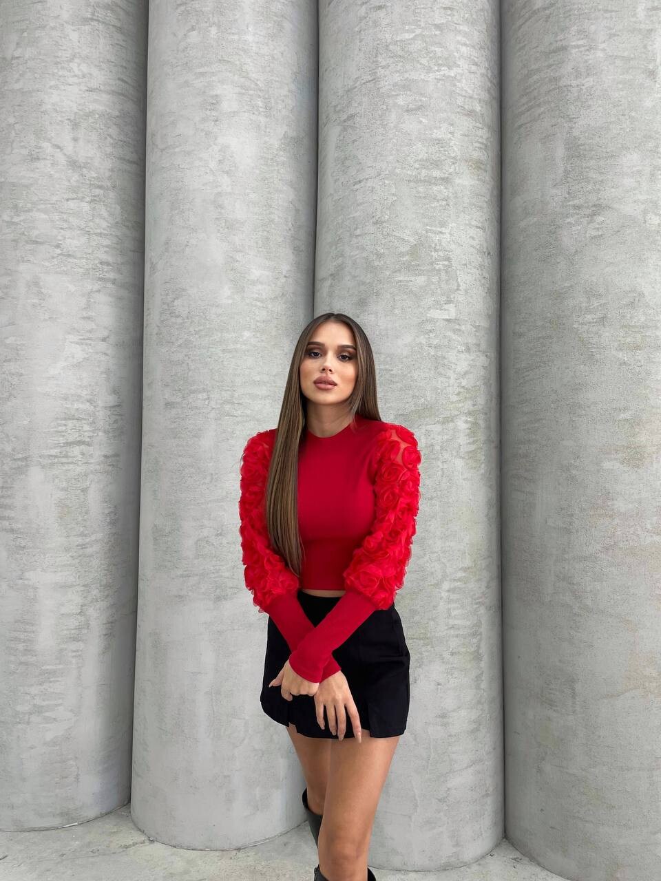 KADIN BİSİKLET YAKA KOLLARI GÜL DETAYLI BLUZ HYN-58009 - 1