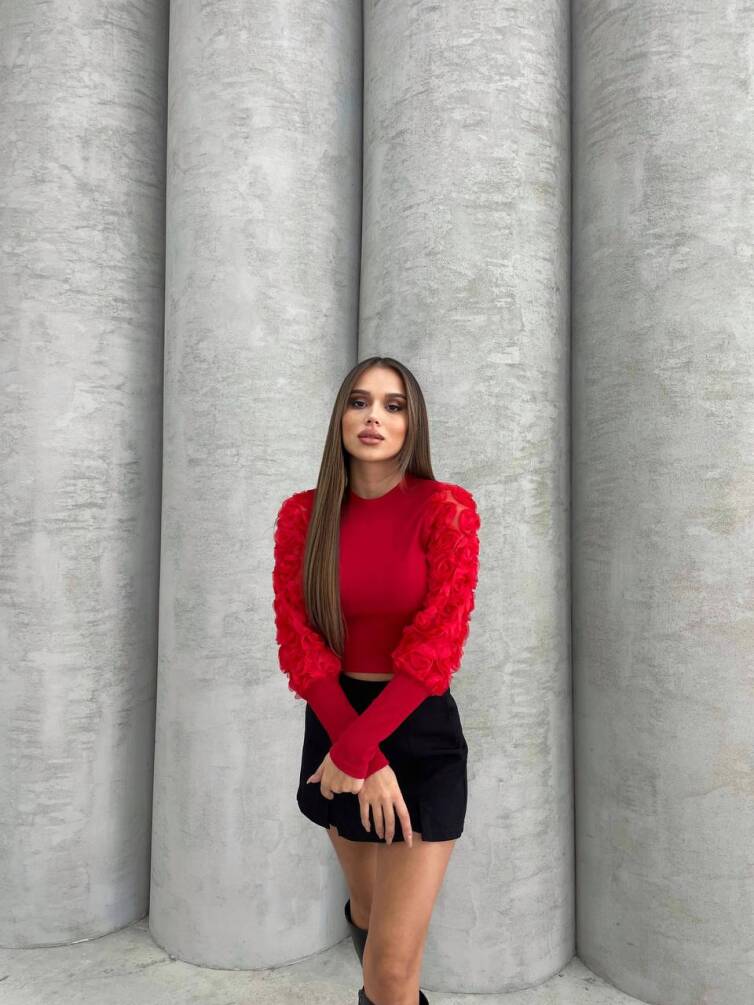 KADIN BİSİKLET YAKA KOLLARI GÜL DETAYLI BLUZ HYN-58009 - 1