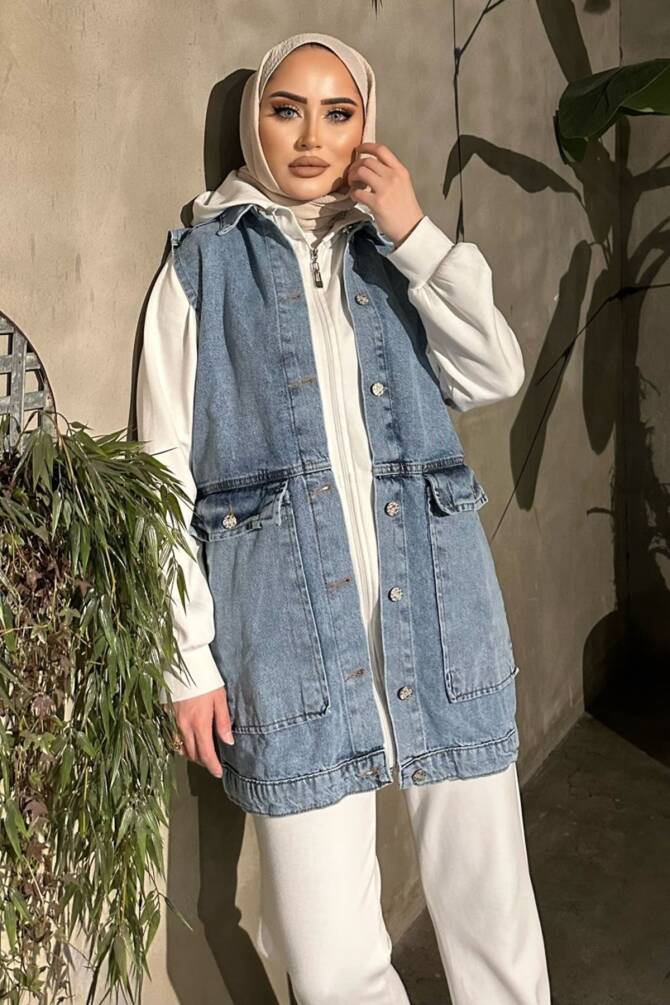 KADIN BÜYÜK CEPLİ MAXİ BOY KOT YELEK ZYN-58731 - 1
